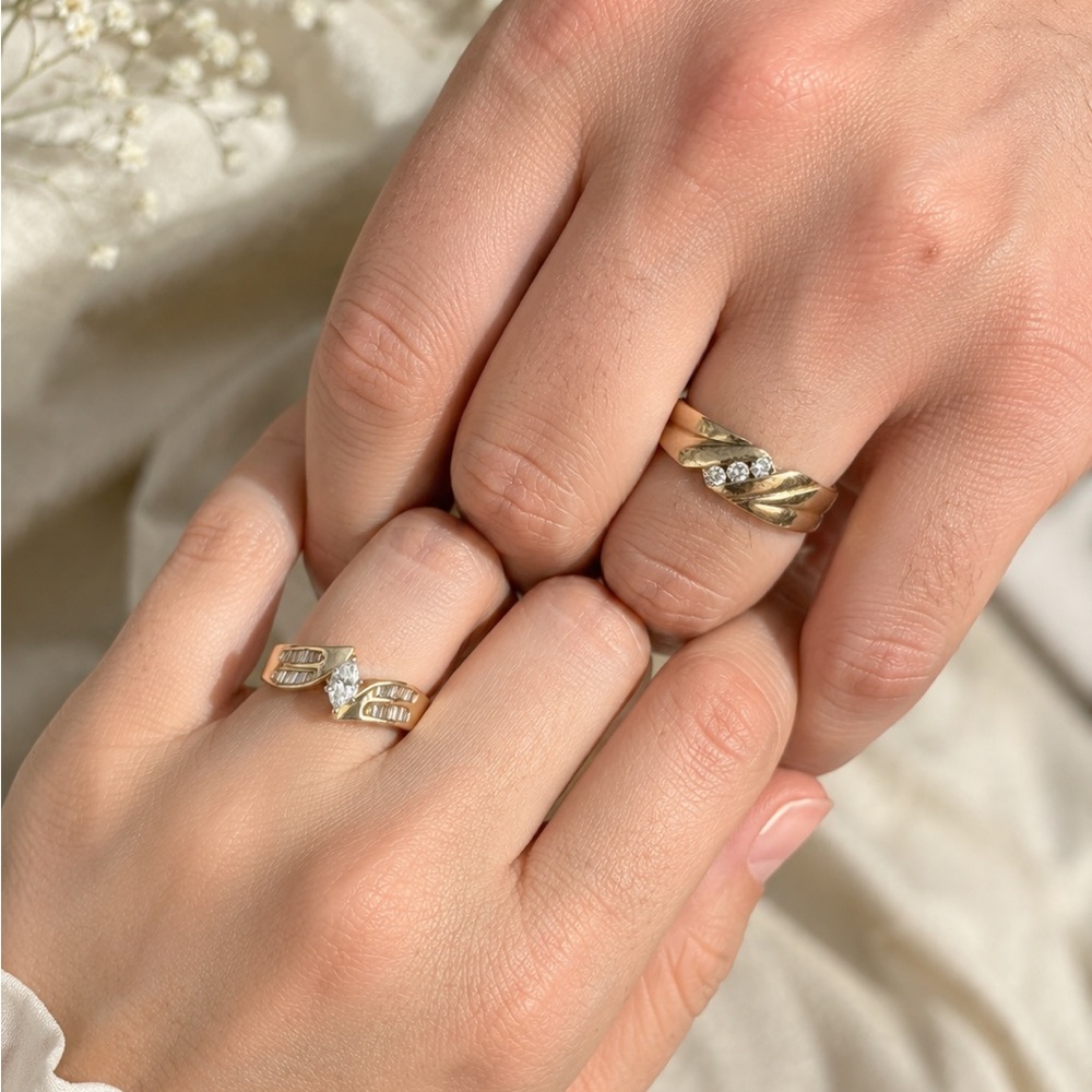 Gold Marquise Open-Style wedding Ring with VS1 Diamonds and partner ring 14k